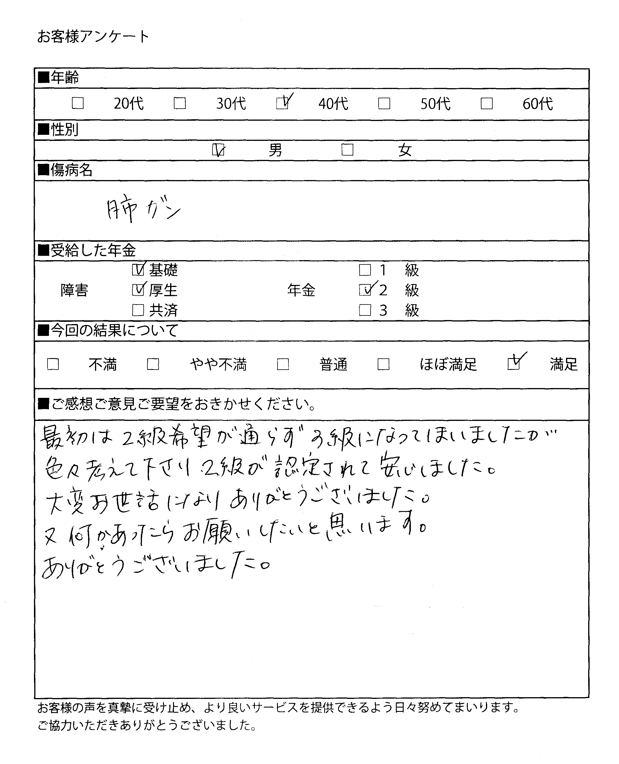肺癌で障害厚生年金２級愛知の男性の感想